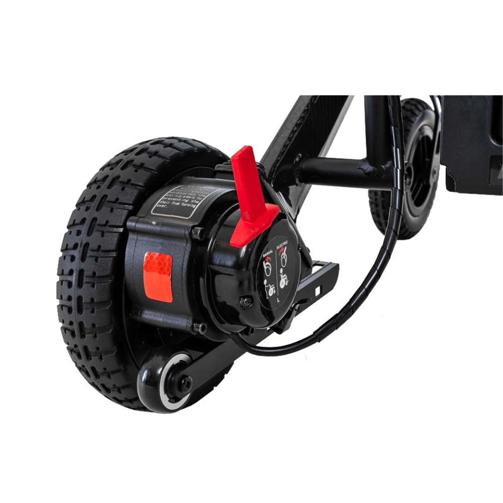 Pride Jazzy Carbon Lightweight Power Wheelchair Close-up View of the Rear Wheel