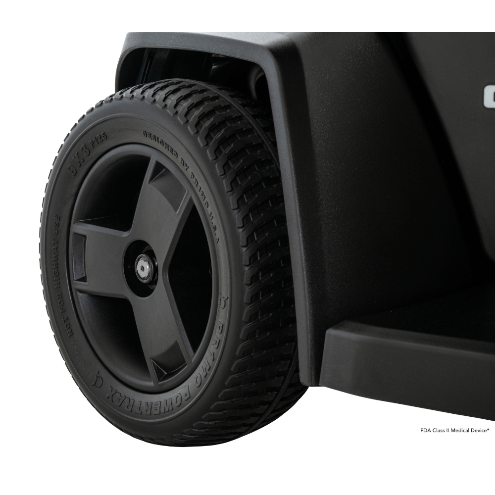 Pride Go Chair® MED Portable Power Wheelchair Closeup View of the Rear Wheel