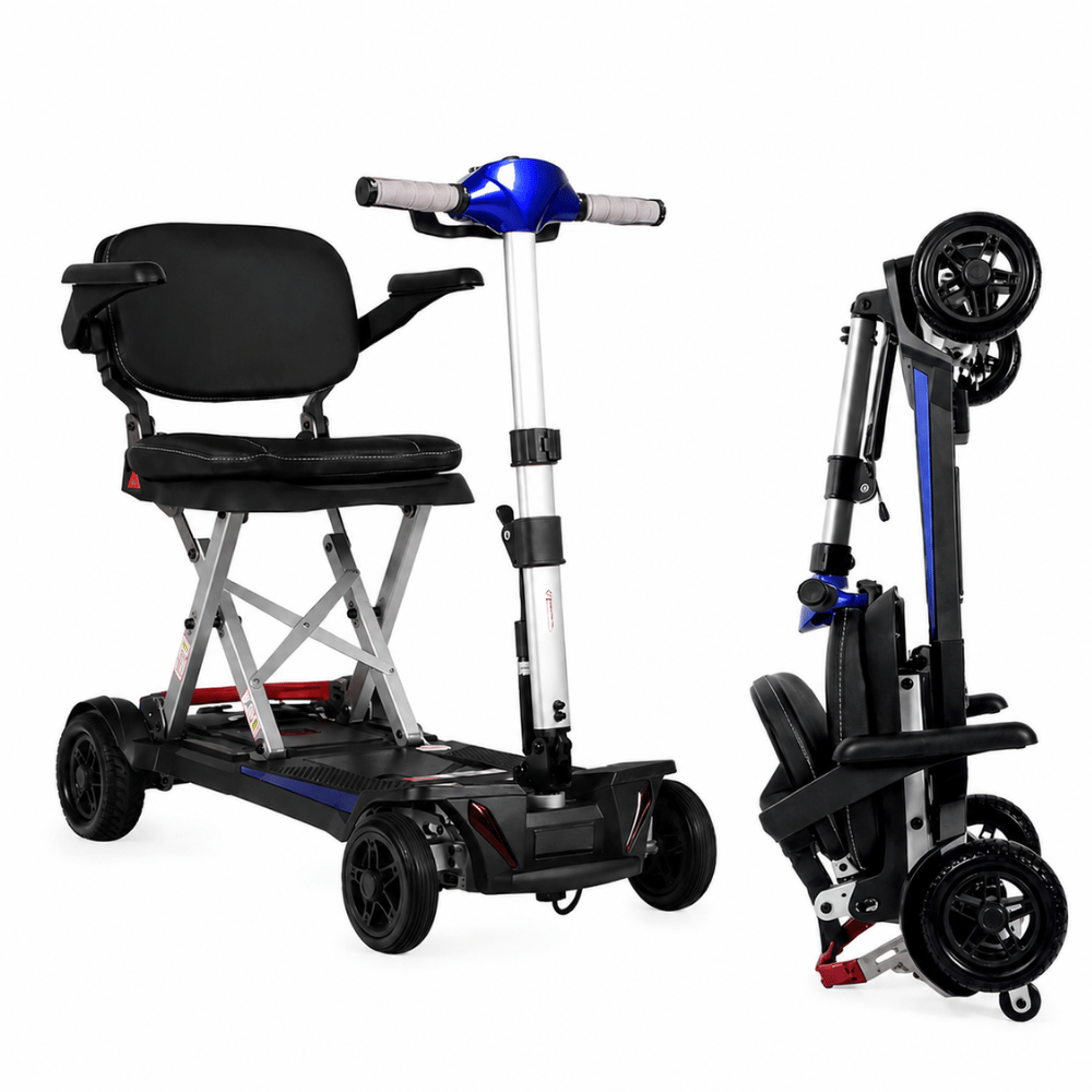 Enhance Mobility MobiFree Folding Mobility Scooter in Red Color - Folded and angled view