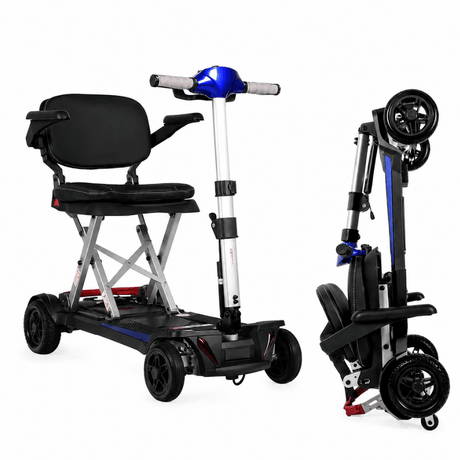 Enhance Mobility MobiFree Folding Mobility Scooter in Red Color - Folded and angled view