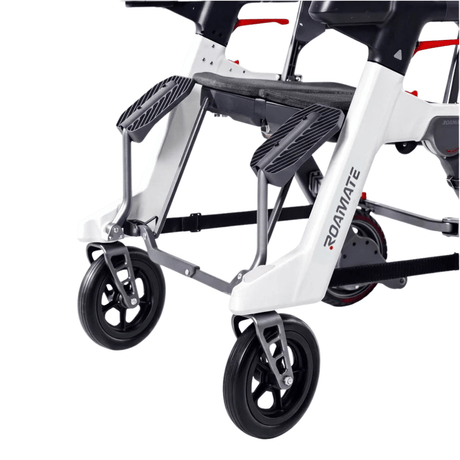 Enhance Mobility Roamate 3-in-1 Power Rollator in white color - Front Wheel Closeup View