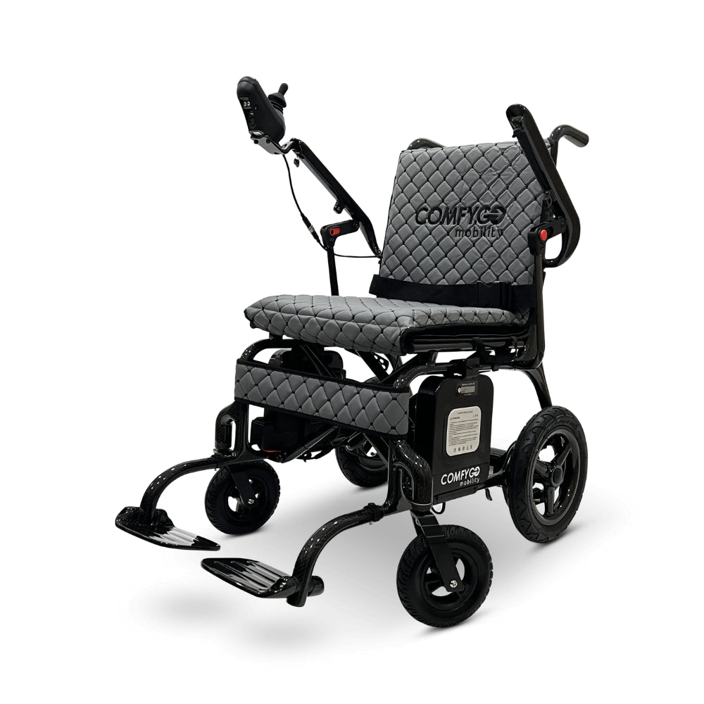 Grey Textile ComfyGO Phoenix Carbon Fiber Lightweight Electric Wheelchair - Angled View