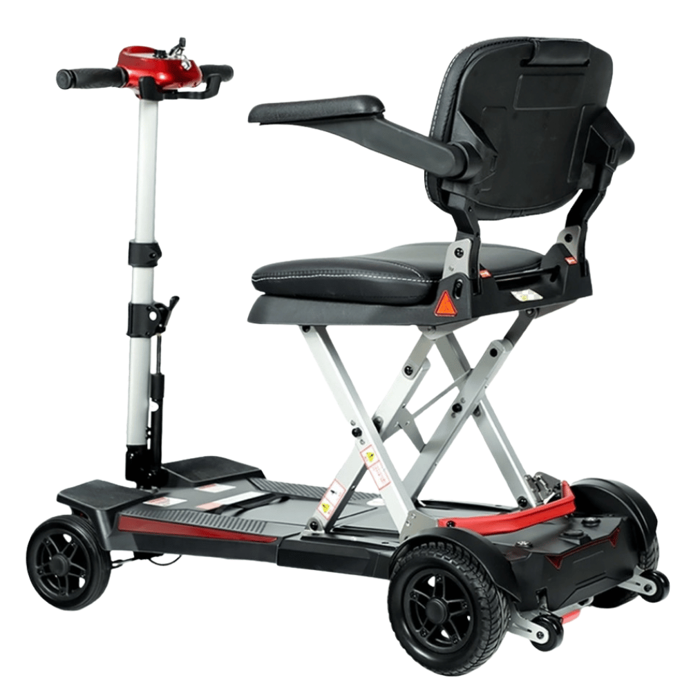 Enhance Mobility MobiFree Folding Mobility Scooter in Red Color - Side Angled View