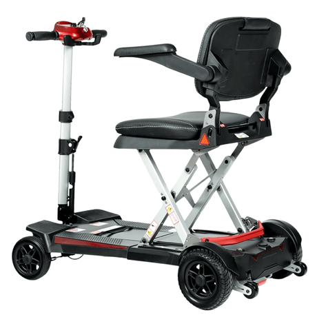 Enhance Mobility MobiFree Folding Mobility Scooter in Red Color - Side Angled View