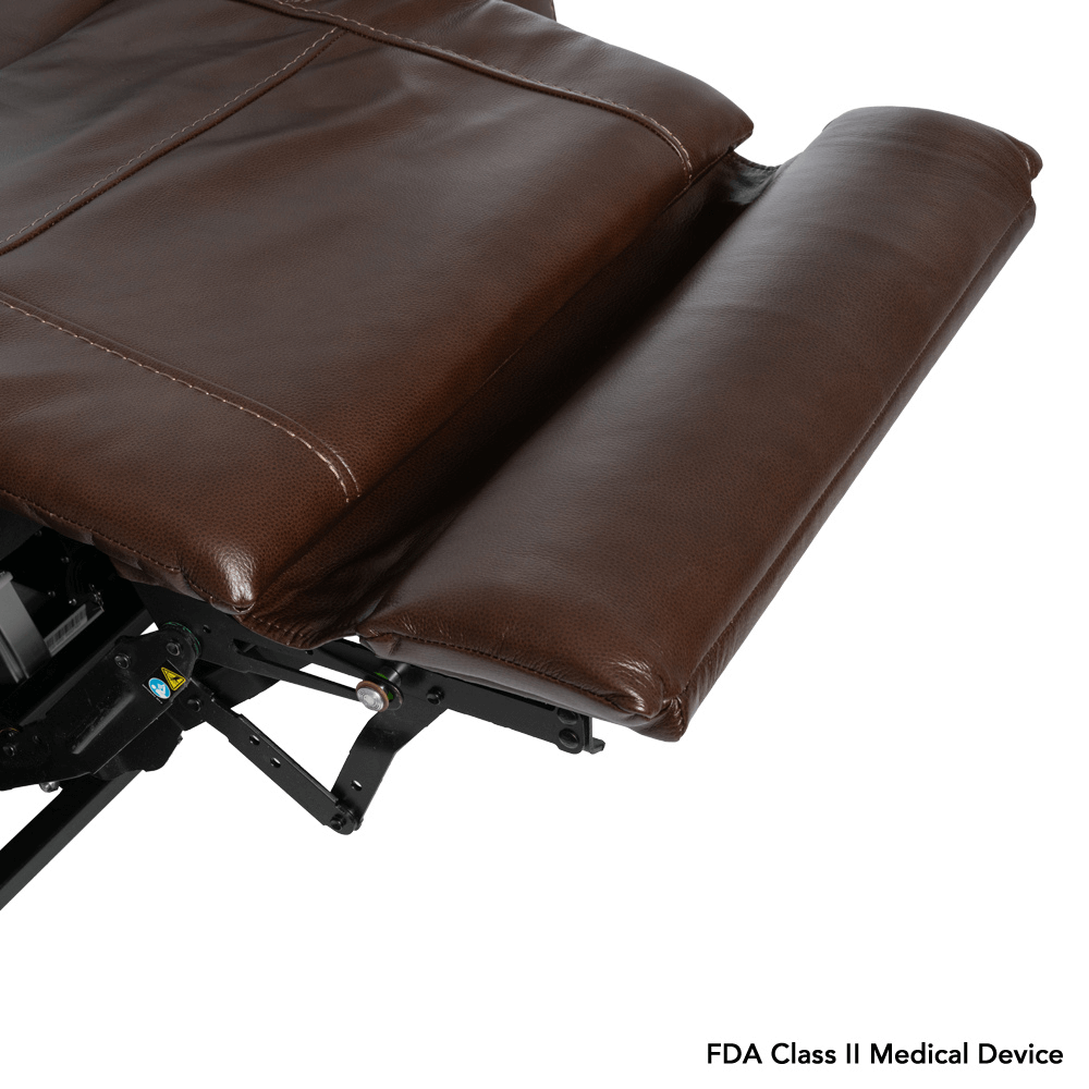 Coffee Color in Sorrento Leather Pride Mobility VivaLift!® Premier - Closeup View of the Footrest Extnsion
