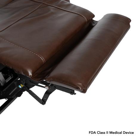 Coffee Color in Sorrento Leather Pride Mobility VivaLift!® Premier - Closeup View of the Footrest Extnsion