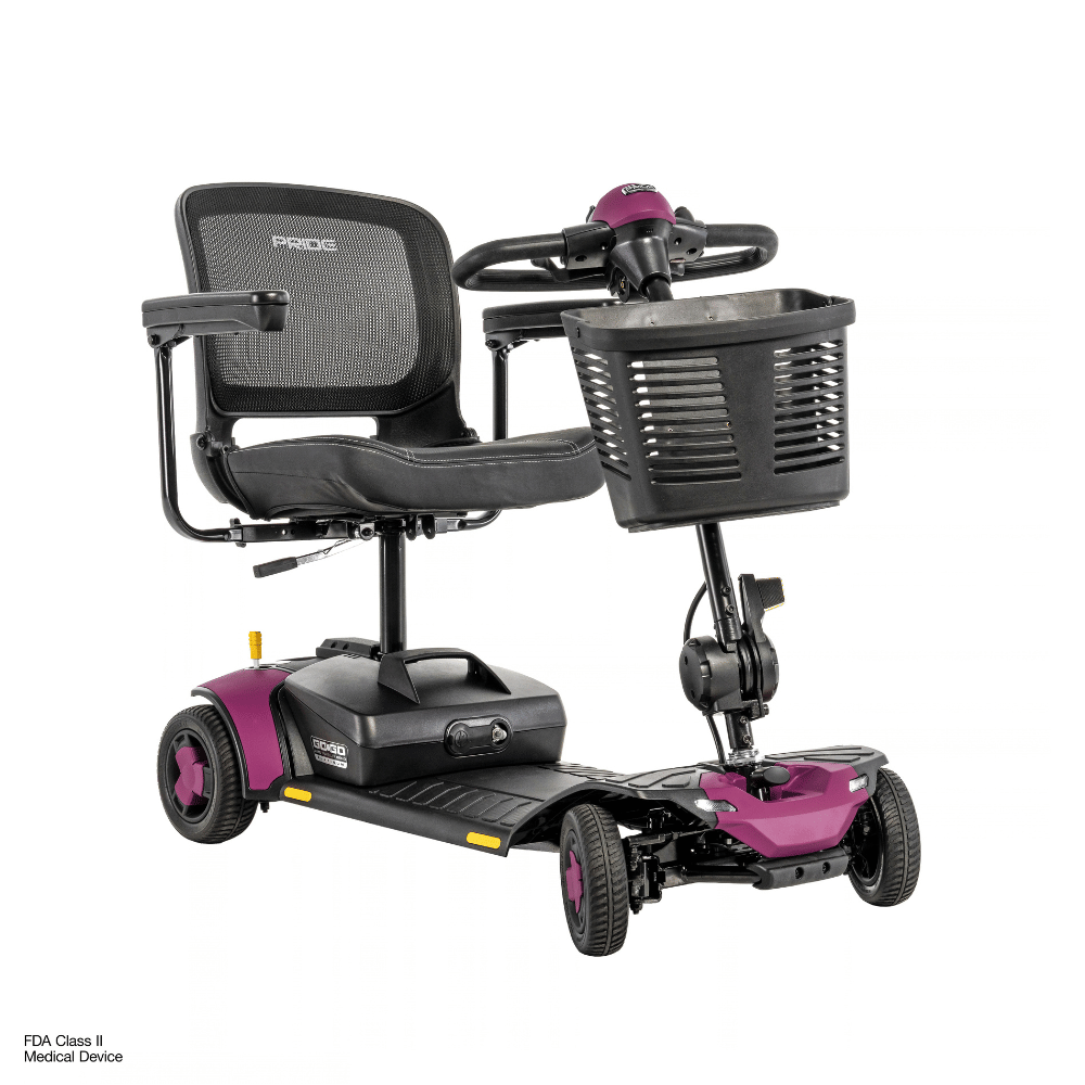 Pride Go Go Elite Traveller® Gen 3 Platinum Mobility Scooter in Sugar Plum Color -  Angled View
