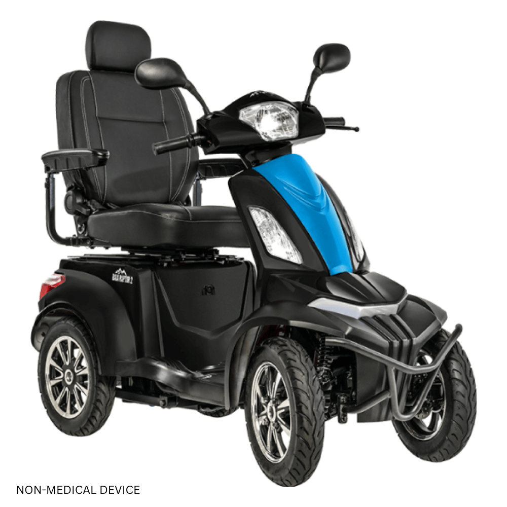 Matte Black Color with Blue Panel Pride BAJA® Raptor 2 Outdoor 4-Wheel Scooter - Angled View