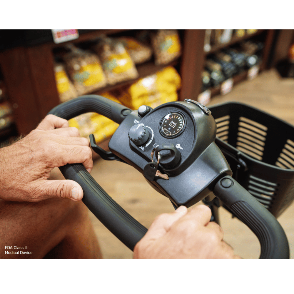 Pride Go Go® Ultra X Gen 3 4-Wheel Mobility Scooter In black Color -  delta tiller closeup view