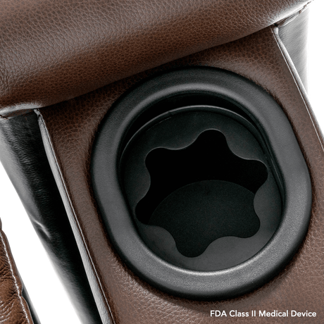 Coffee Color in Sorrento Leather Pride Mobility VivaLift!® Premier - Closeup View of the Cup Holder