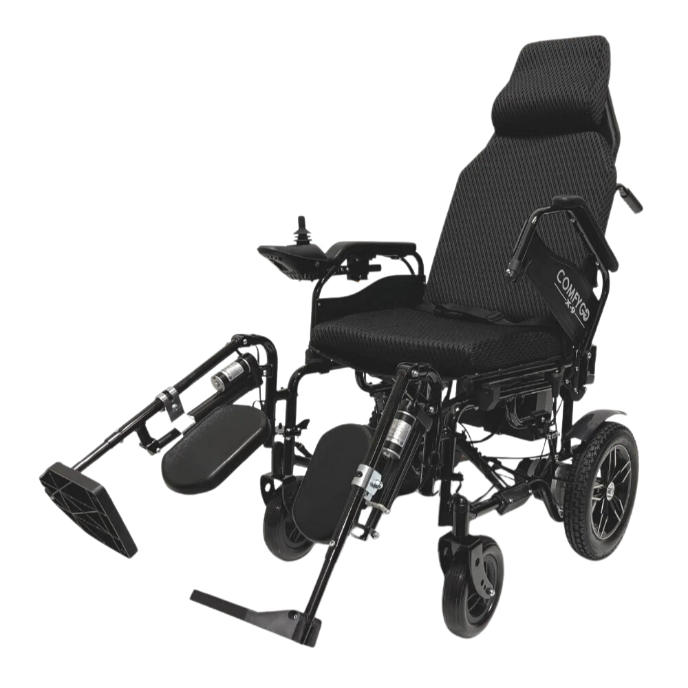 Black ComfyGO X-9 Remote-Controlled Electric Wheelchair with Automatic Recline - Angled View