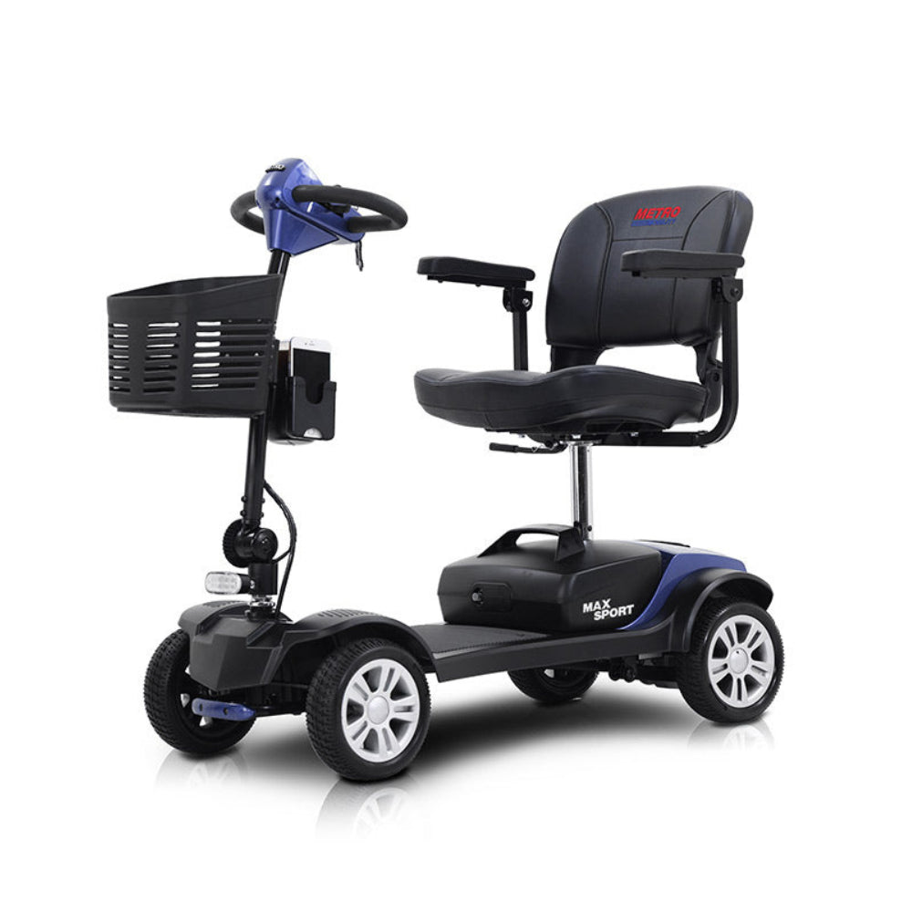 Blue Metro Mobility Max Sport Portable Travel Mobility Scooter -  Angled View