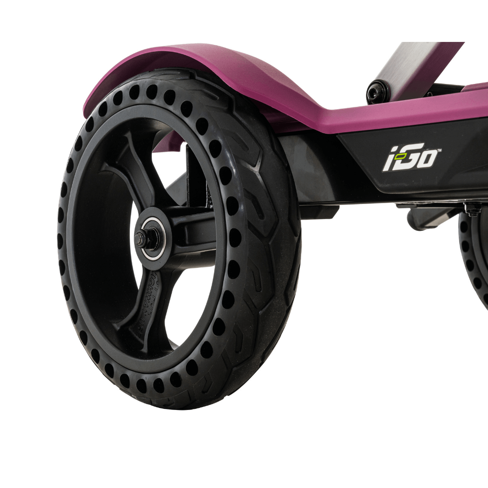 Sugar Plum Color Pride i-Go™ Lightweight Folding Travel Scooter Closeup View of the Wheels