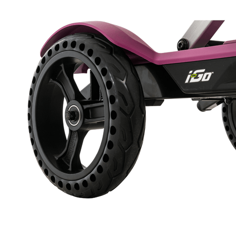 Sugar Plum Color Pride i-Go™ Lightweight Folding Travel Scooter Closeup View of the Wheels