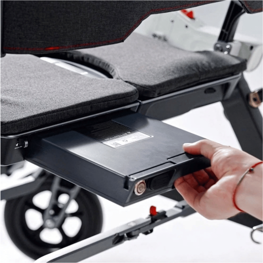 Enhance Mobility Roamate 3-in-1 Power Rollator in white color - Battery Closeup View