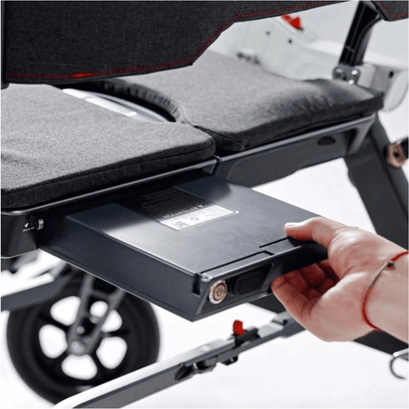 Enhance Mobility Roamate 3-in-1 Power Rollator in white color - Battery Closeup View