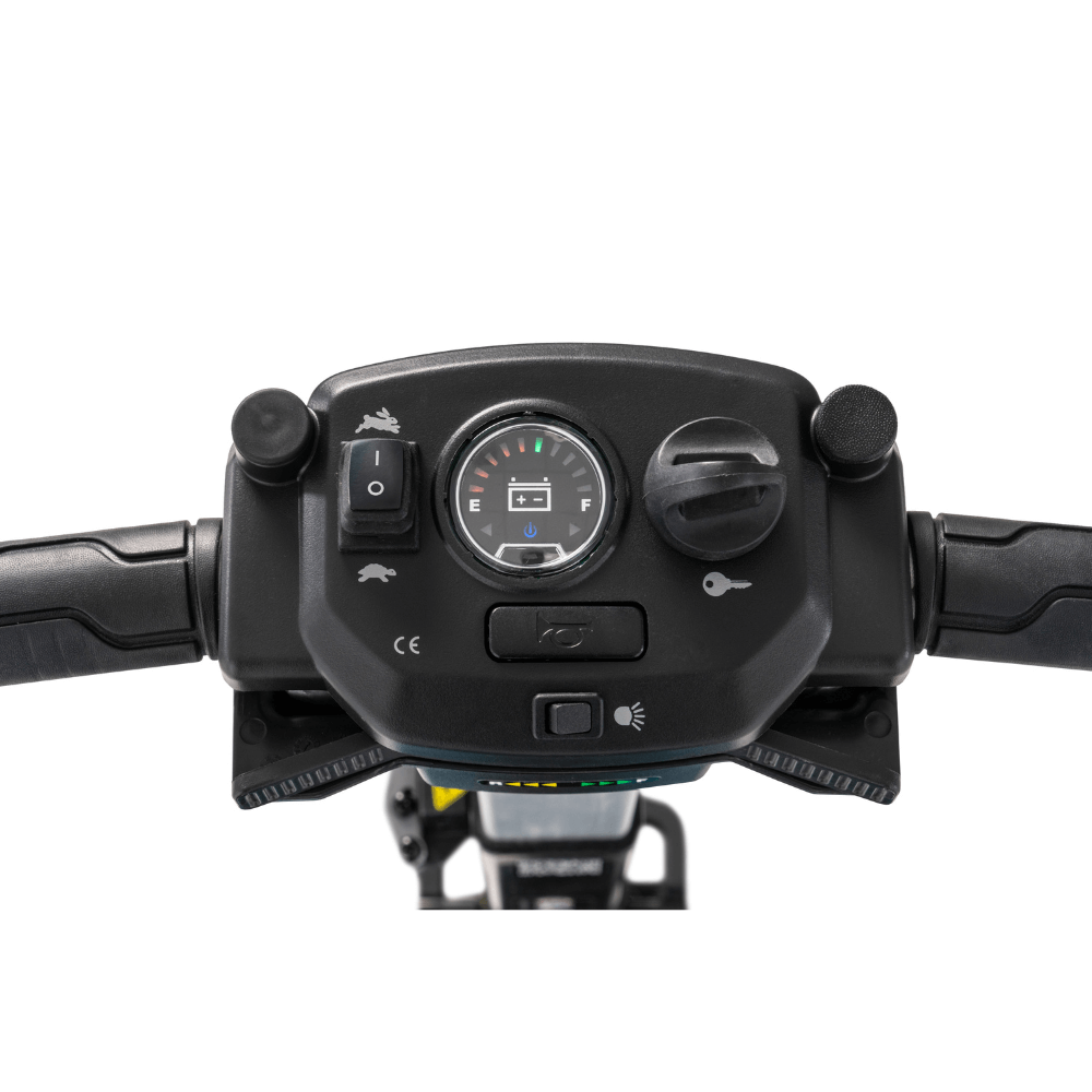 Sugar Plum Color Pride i-Go™ Lightweight Folding Travel Scooter Closeup View of the Control Panel