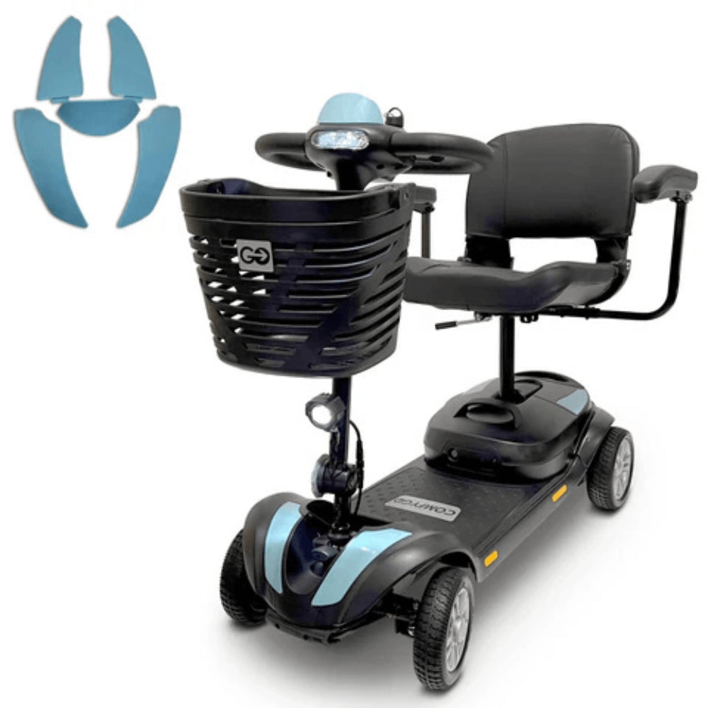 Baby Blue ComfyGO Z-4 Ultra-Light Portable Electric Mobility Scooter Armrest Lifted - Angled View