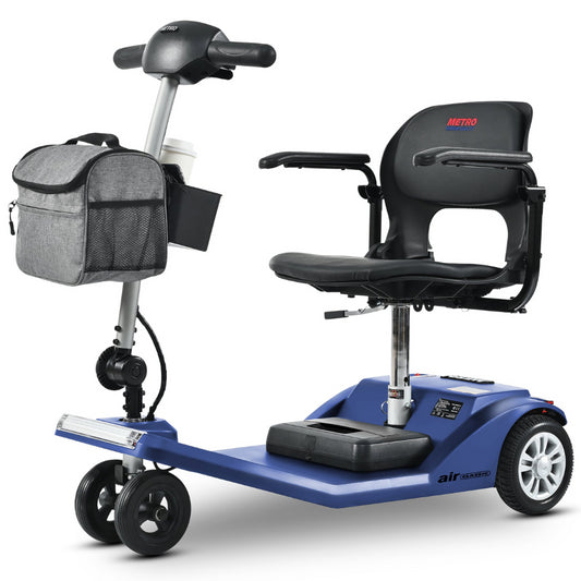 Blue Metro Mobility Air Classic Compact Foldable Mobility Scooter - Angled View