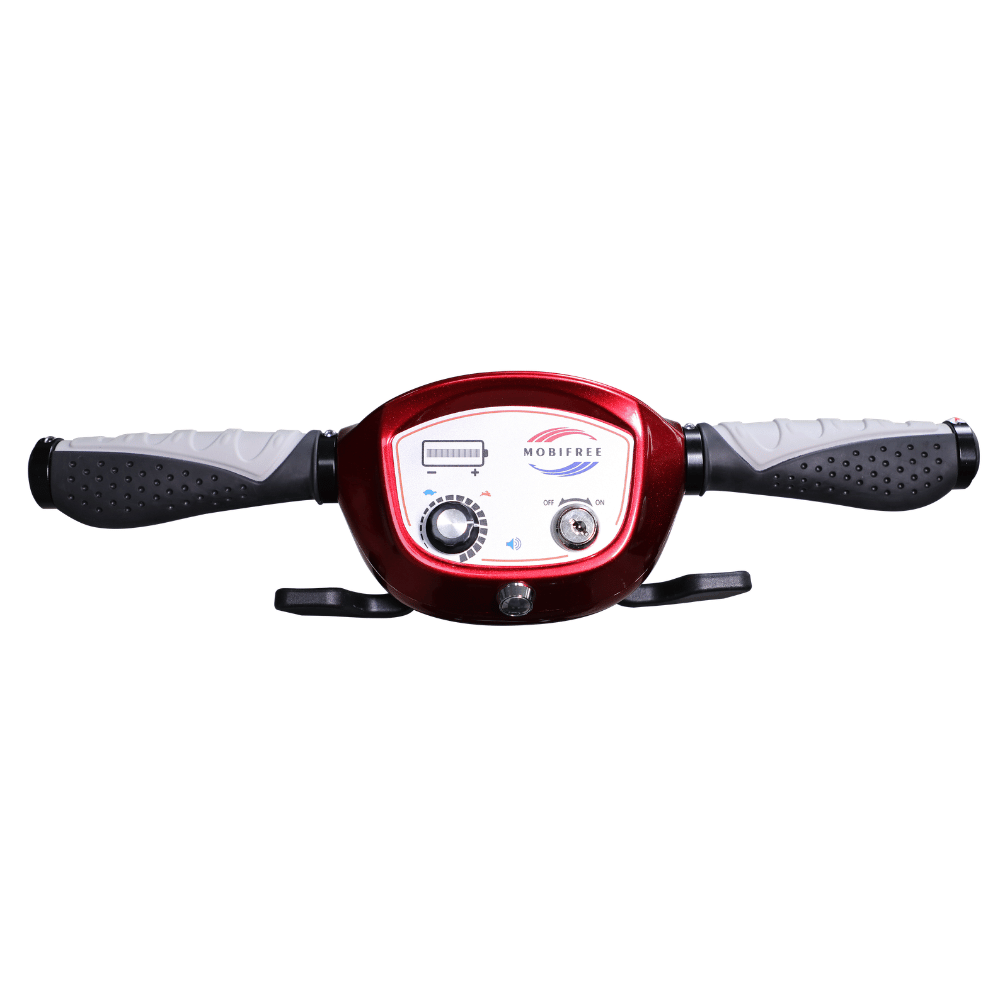 Enhance Mobility MobiFree Folding Mobility Scooter in Red Color - Tiller Controller Closeup View