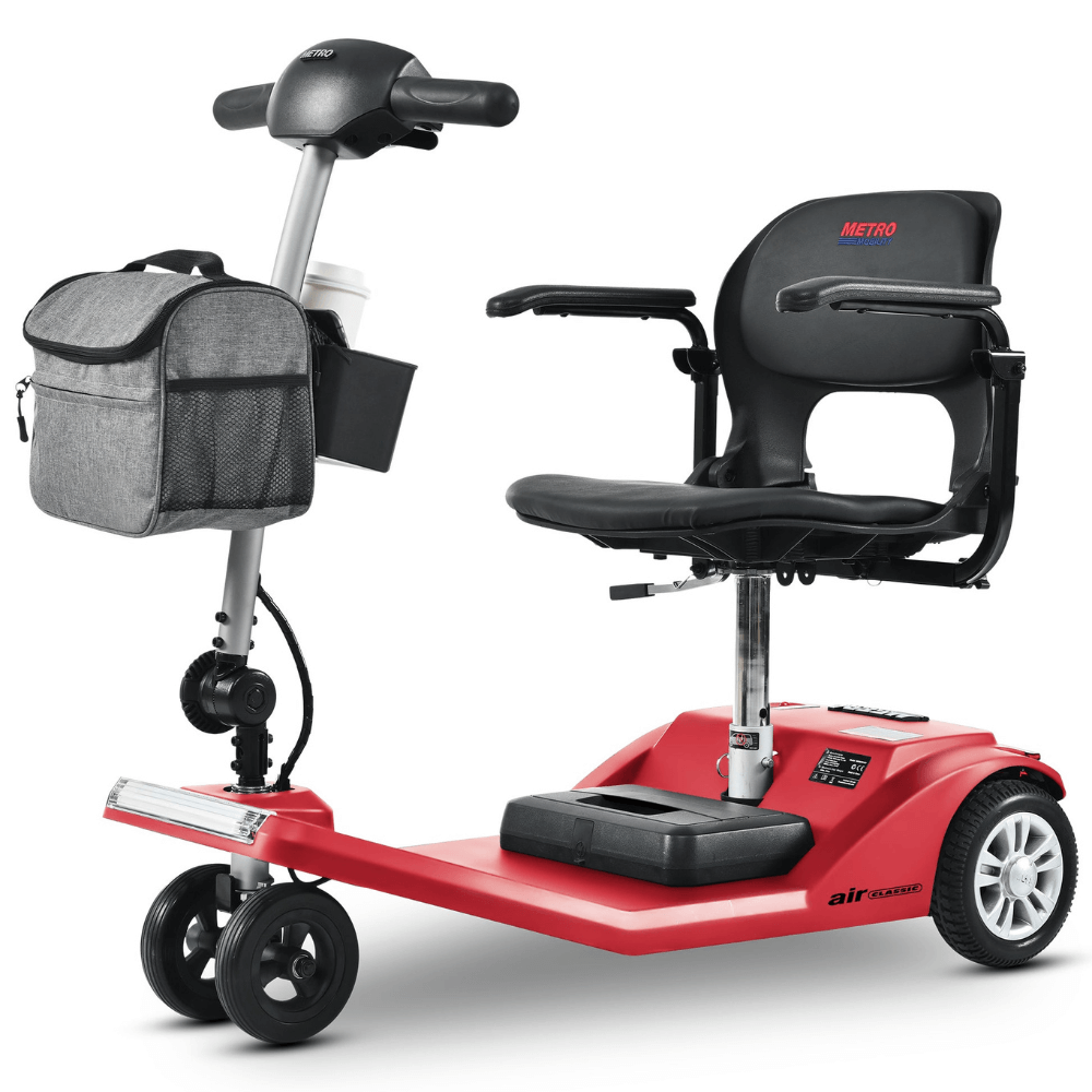Red Metro Mobility Air Classic Compact Foldable Mobility Scooter - Angled View
