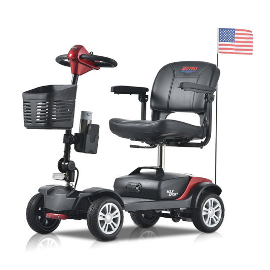 Red Metro Mobility Max Sport Portable Travel Mobility Scooter -  Angled View