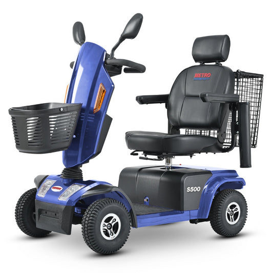 Blue Metro Mobility S500 4-Wheel Mobility Scooter - Angled View