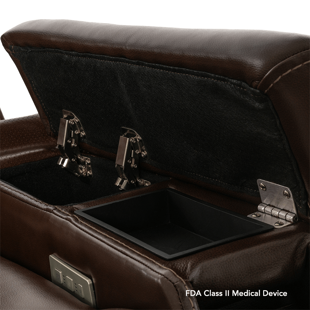 Coffee Color in Sorrento Leather Pride Mobility VivaLift!® Premier - Closeup View of the armrest compartments