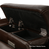 Coffee Color in Sorrento Leather Pride Mobility VivaLift!® Premier - Closeup View of the armrest compartments
