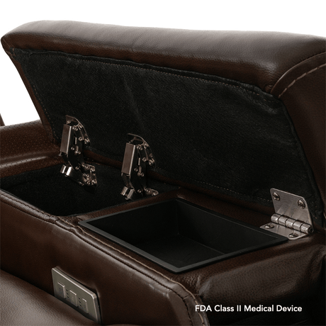 Coffee Color in Sorrento Leather Pride Mobility VivaLift!® Premier - Closeup View of the armrest compartments