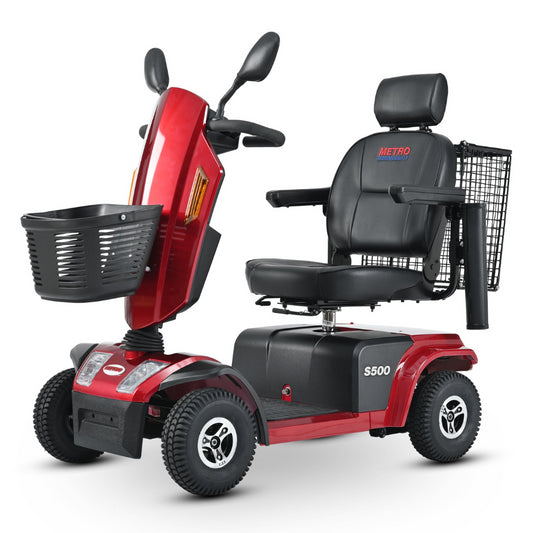 Red Metro Mobility S500 4-Wheel Mobility Scooter - Angled View