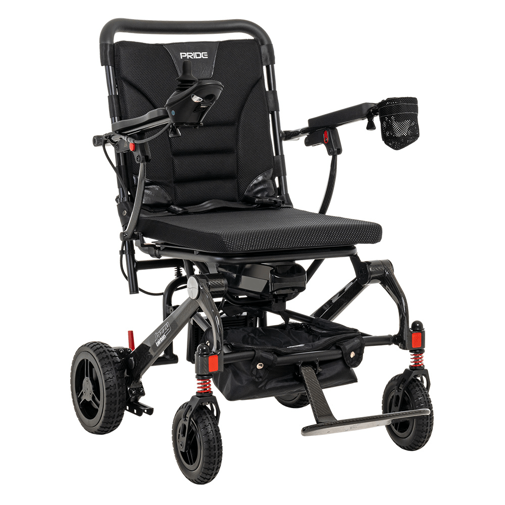 Black Frame Pride Jazzy Carbon Lightweight Power Wheelchair - Left Angled View