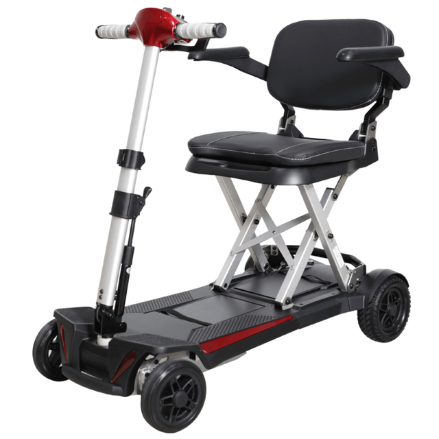 Enhance Mobility MobiFree Folding Mobility Scooter in Red Color - Angled View