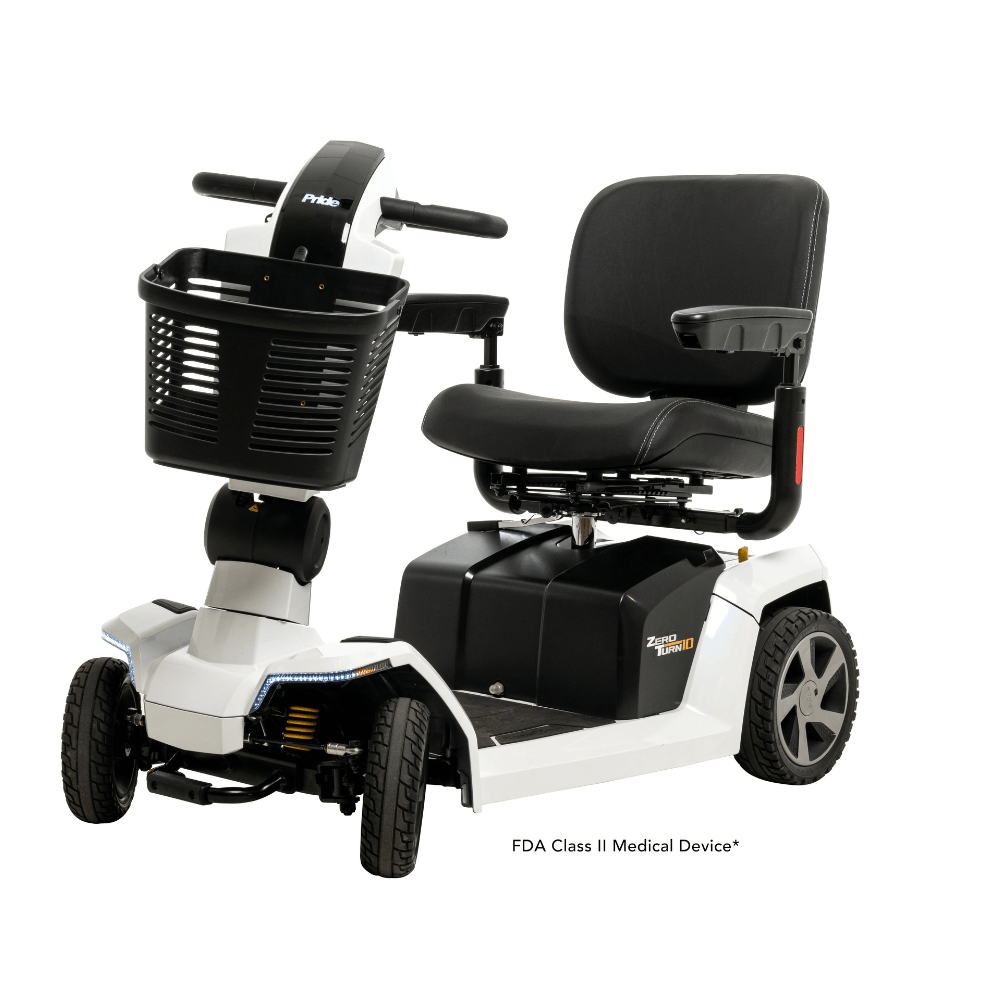 Pearl White Color Pride Zero Turn 10 Mobility Scooter - Angled View