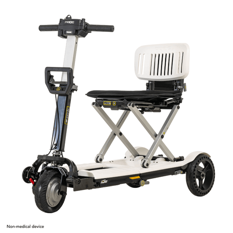 White Color Pride i-Go™ Lightweight Folding Travel Scooter - Angled View