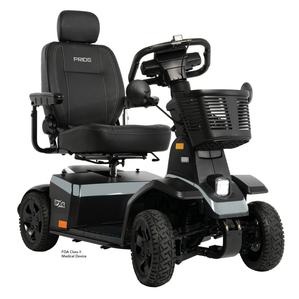 Satin Aluminum Color Pride PX4 All Terrain Mobility Scooter - Angled View