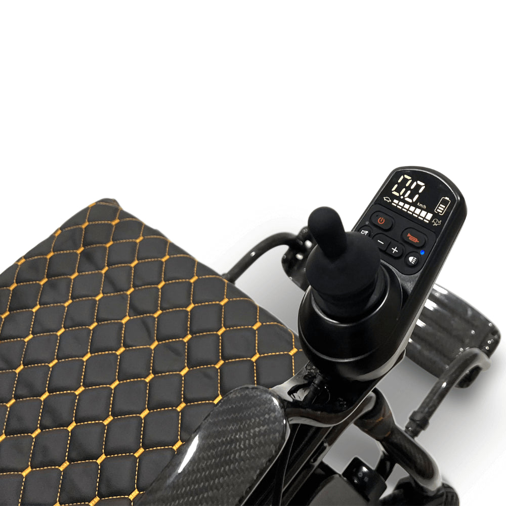 Black Textile ComfyGO Phoenix Carbon Fiber Lightweight Electric Wheelchair - Joystick Close-up View