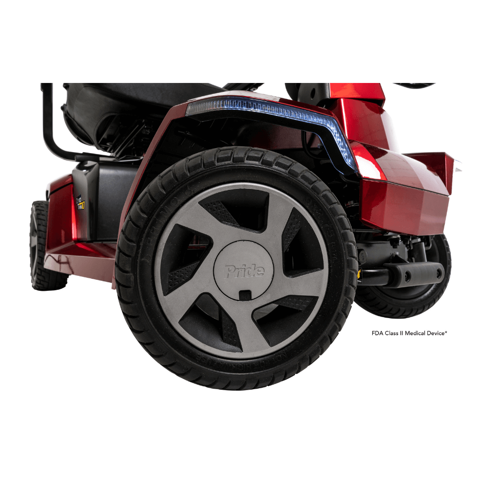 Candy Apple Red Color Pride Zero Turn 10 Mobility Scooter - Closeup View of the Wheels