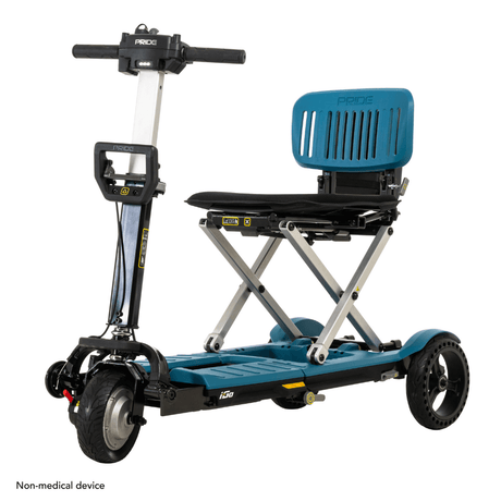 Ice Berg Blue Color Pride i-Go™ Lightweight Folding Travel Scooter - Angled View