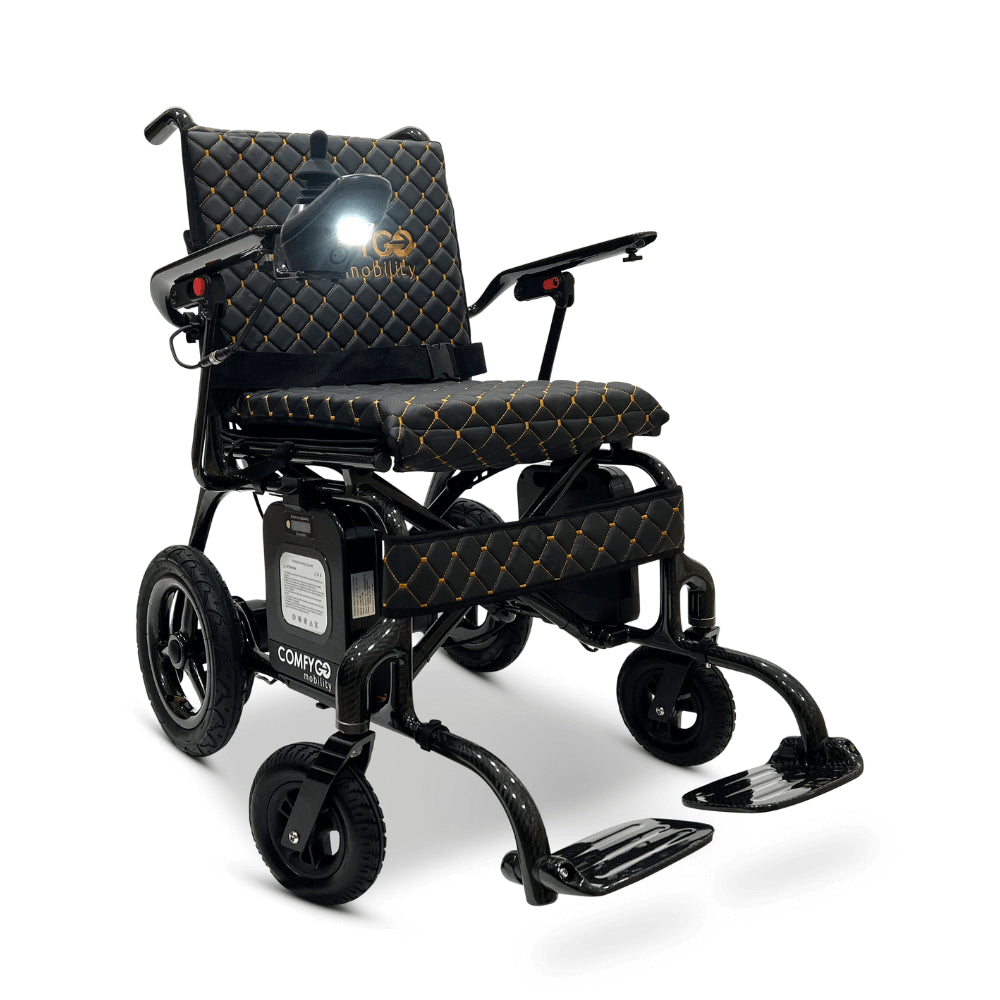 Black Textile ComfyGO Phoenix Carbon Fiber Lightweight Electric Wheelchair - Lights On