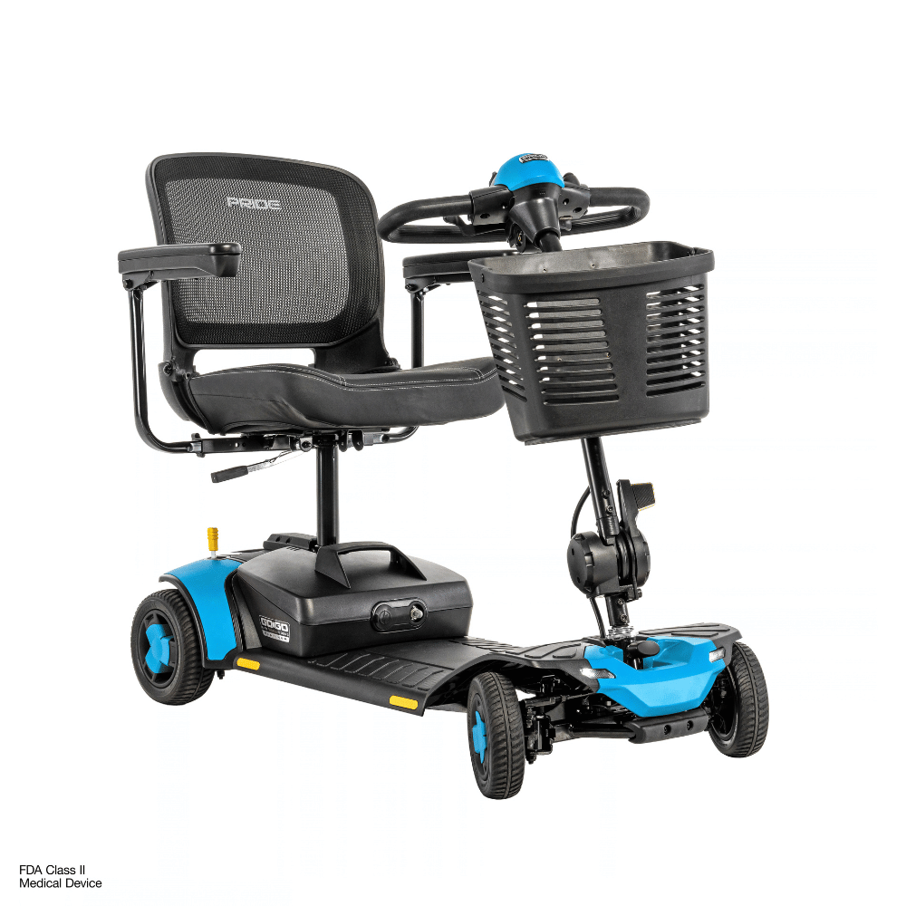 Pride Go Go Elite Traveller® Gen 3 Platinum Mobility Scooter in Robin's egg Blue Color -  Angled View