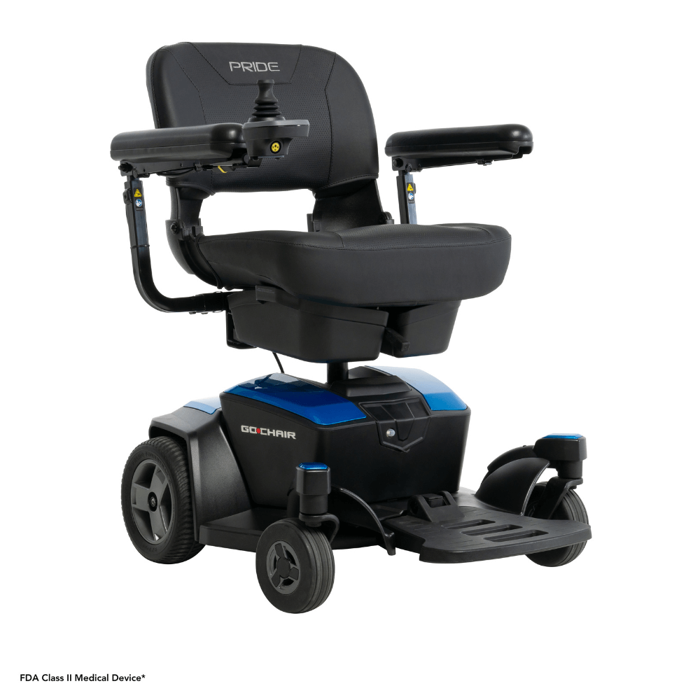 Sapphire Blue Color Pride Go Chair® Portable Disassembling Power Wheelchair - Angled View