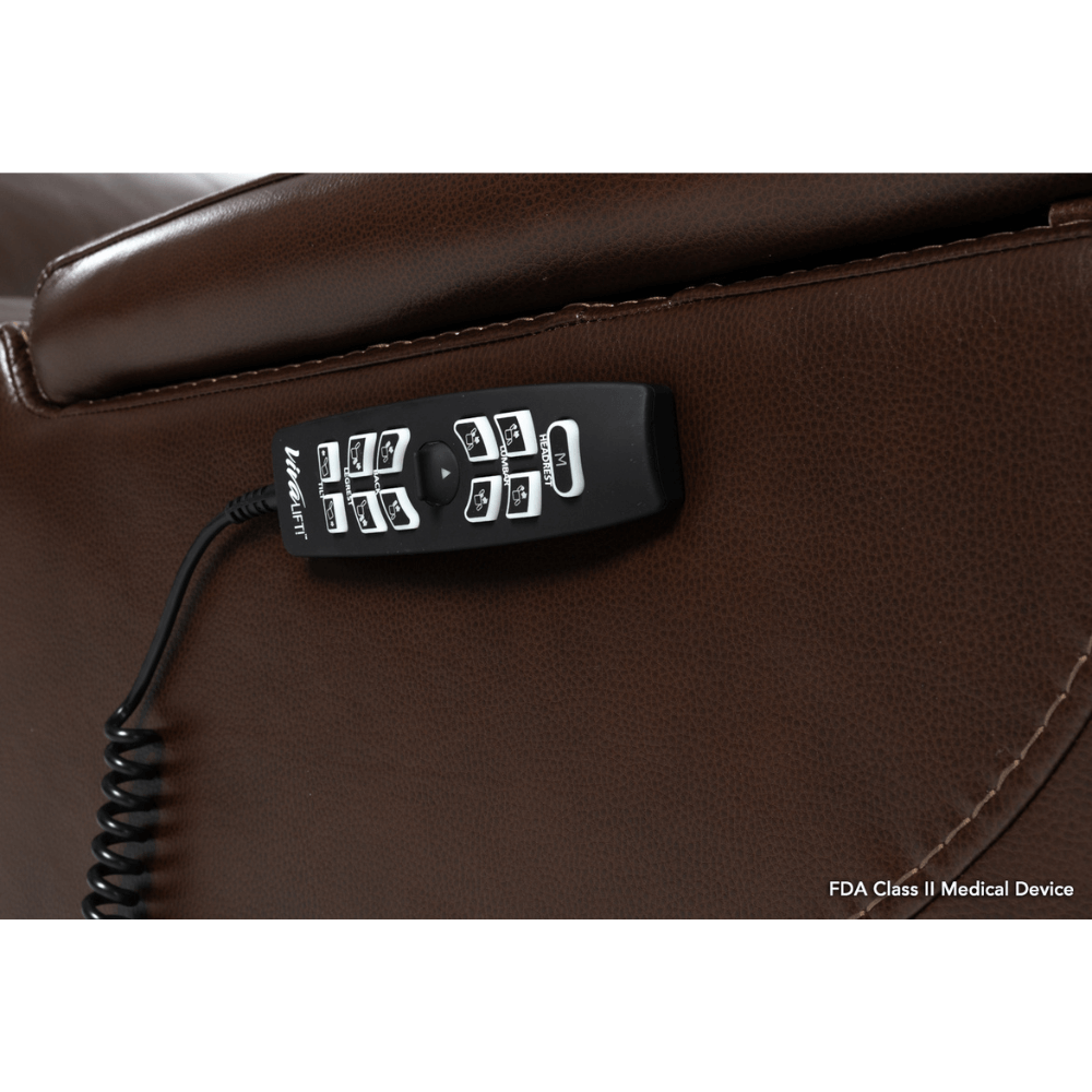 Coffee Color in Sorrento Leather Pride Mobility VivaLift!® Premier - Closeup View of the Remote