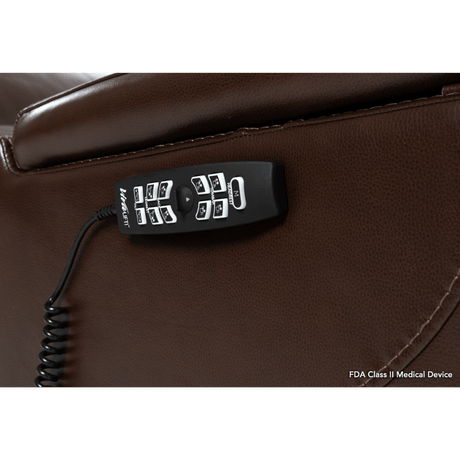 Coffee Color in Sorrento Leather Pride Mobility VivaLift!® Premier - Closeup View of the Remote