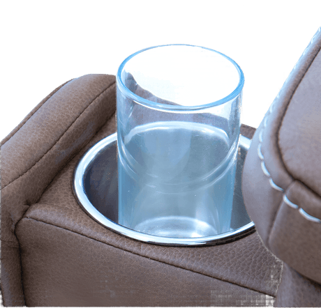 A Close-up View of a Glass in Cup Holder of Pride Mobility VivaLift Ultra PLR-4955 Power Lift Chair