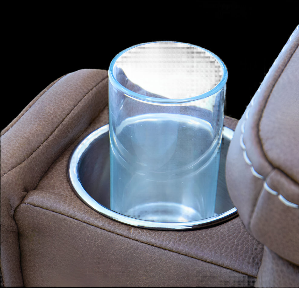 A Close-up View of a Glass in Cup Holder of Pride Mobility VivaLift Ultra PLR-4955 Power Lift Chair