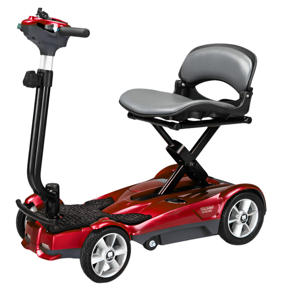 Burgundy EV Rider Auto Fold Transport 4AF Mobility Scooter - Open Box Angled View