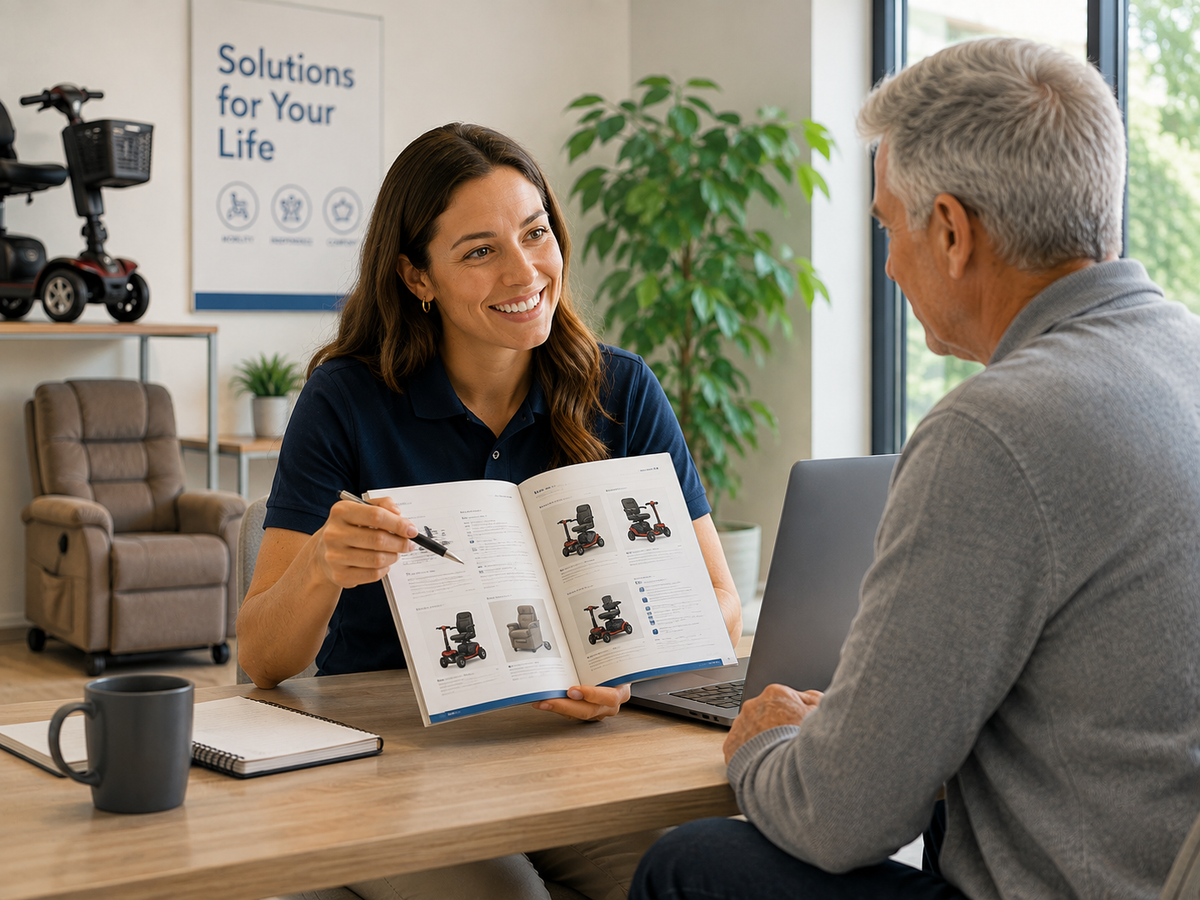 Mobility specialist reviewing equipment options with a customer