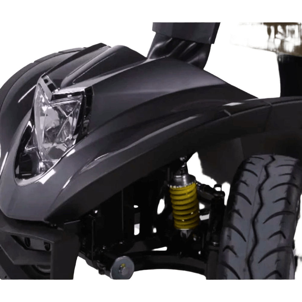 Close-Up of Suspension and Front Wheel of Drive Medical Cobra GT4 Heavy Duty Power Mobility Scooter