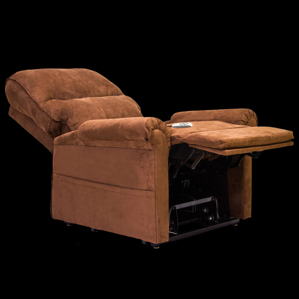 Cocoa Color Fabric Pride Mobility LC-105 Essential Power Lift Chair with Extended Footrest Angled View 